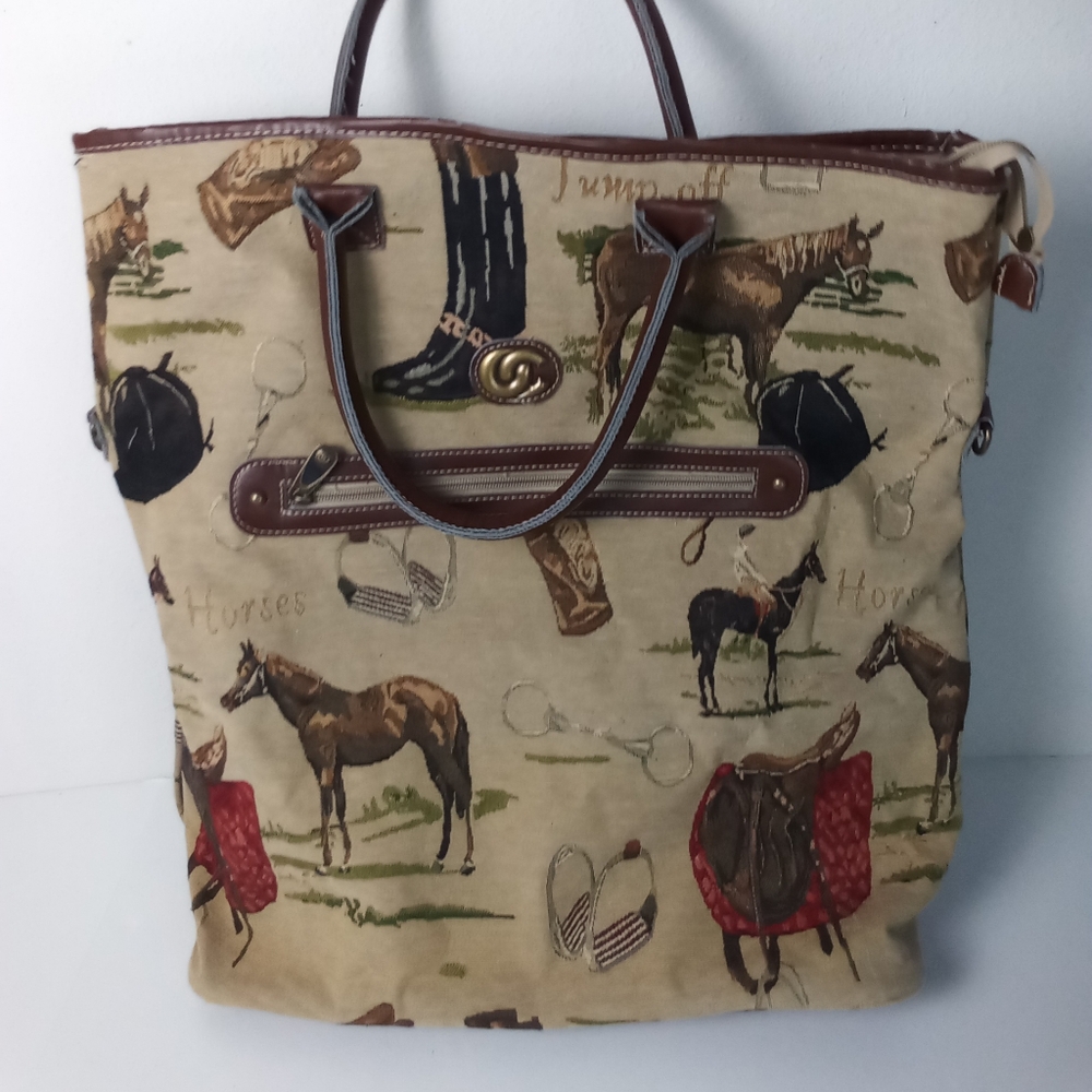 Vintage Cassini Equestrian Print Large Tote Travel Bag Weekender
